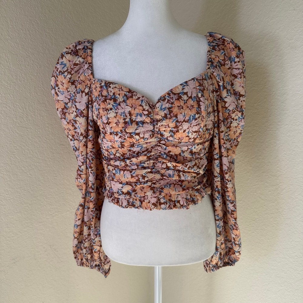 Band of the Free Crop‎ Top Women L Orange Floral Boho Cottagecore Puff Sleeve